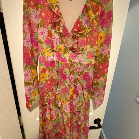 Show Me Your MuMu Ruffle Garden Maxi Pink Grn Long Wide Sleeves New Small - Picture 14 of 15